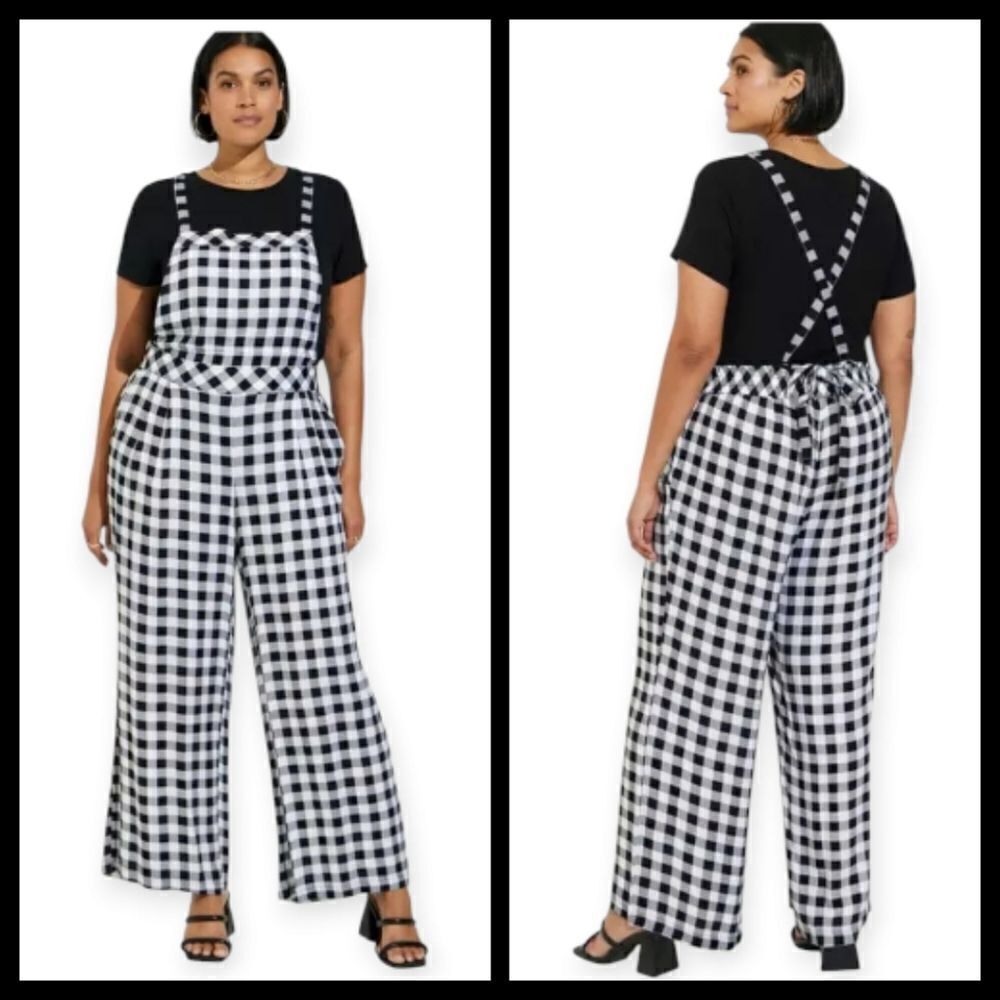 6X 30W Torrid Wide Leg Stretch Jumper Gingham Crepe Overalls Pull On Plussize Po